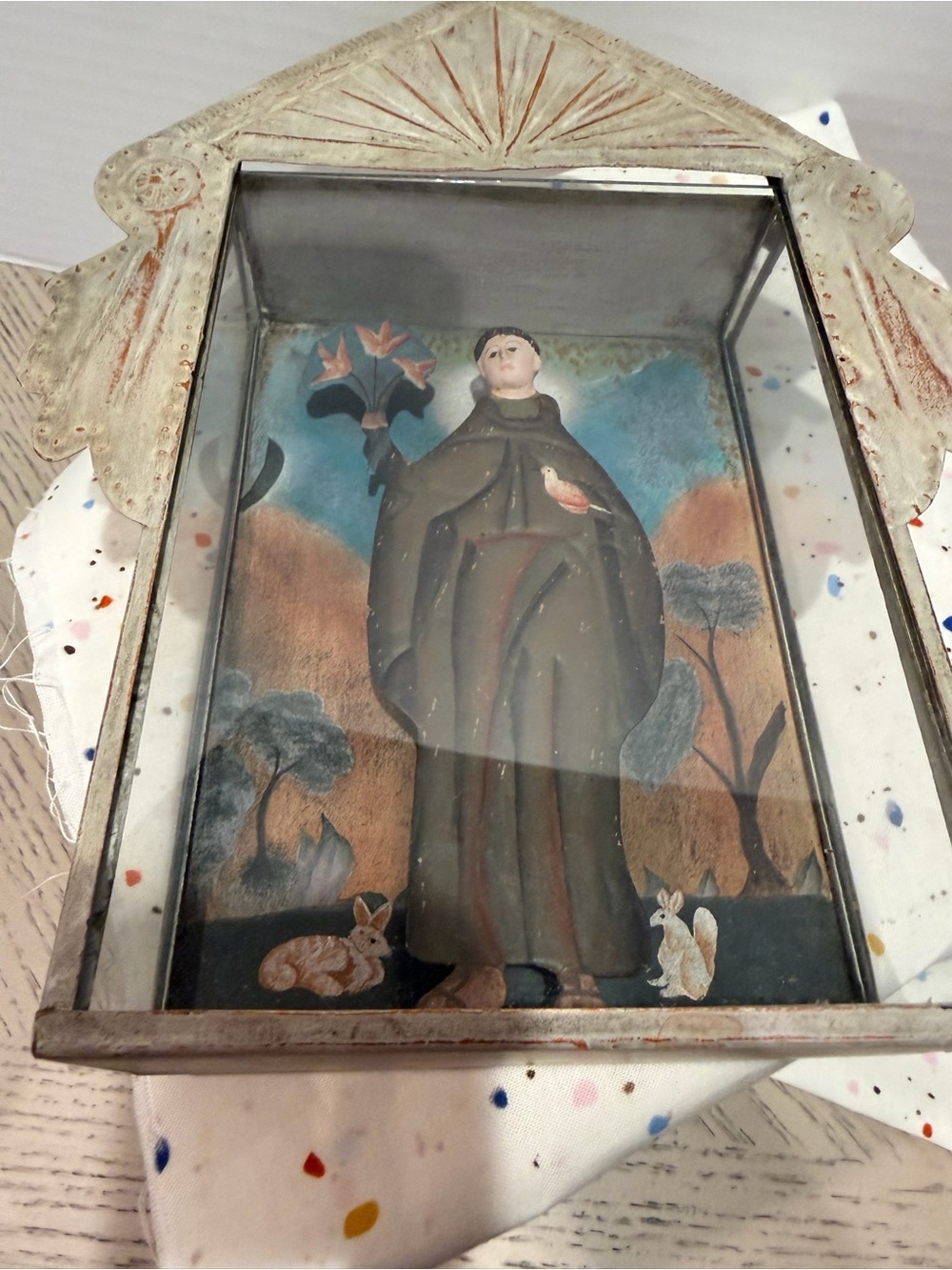 Antique Spanish Colonial Saint Francis Retablo in Custom Tin NicheBeautifully - Picture 9 of 9